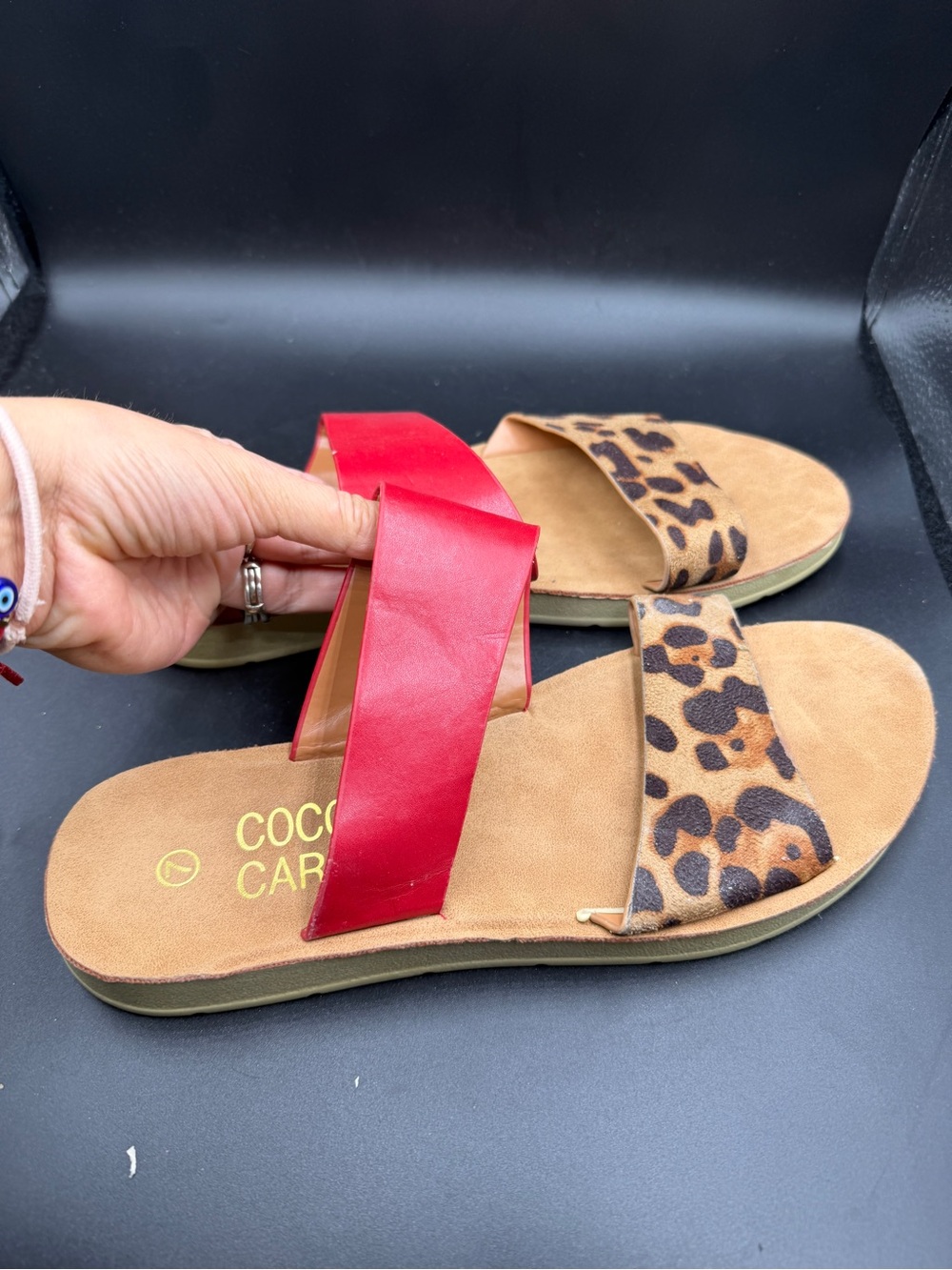 Coco and Carmen  Red & Leopard Crossover Slide Sandal